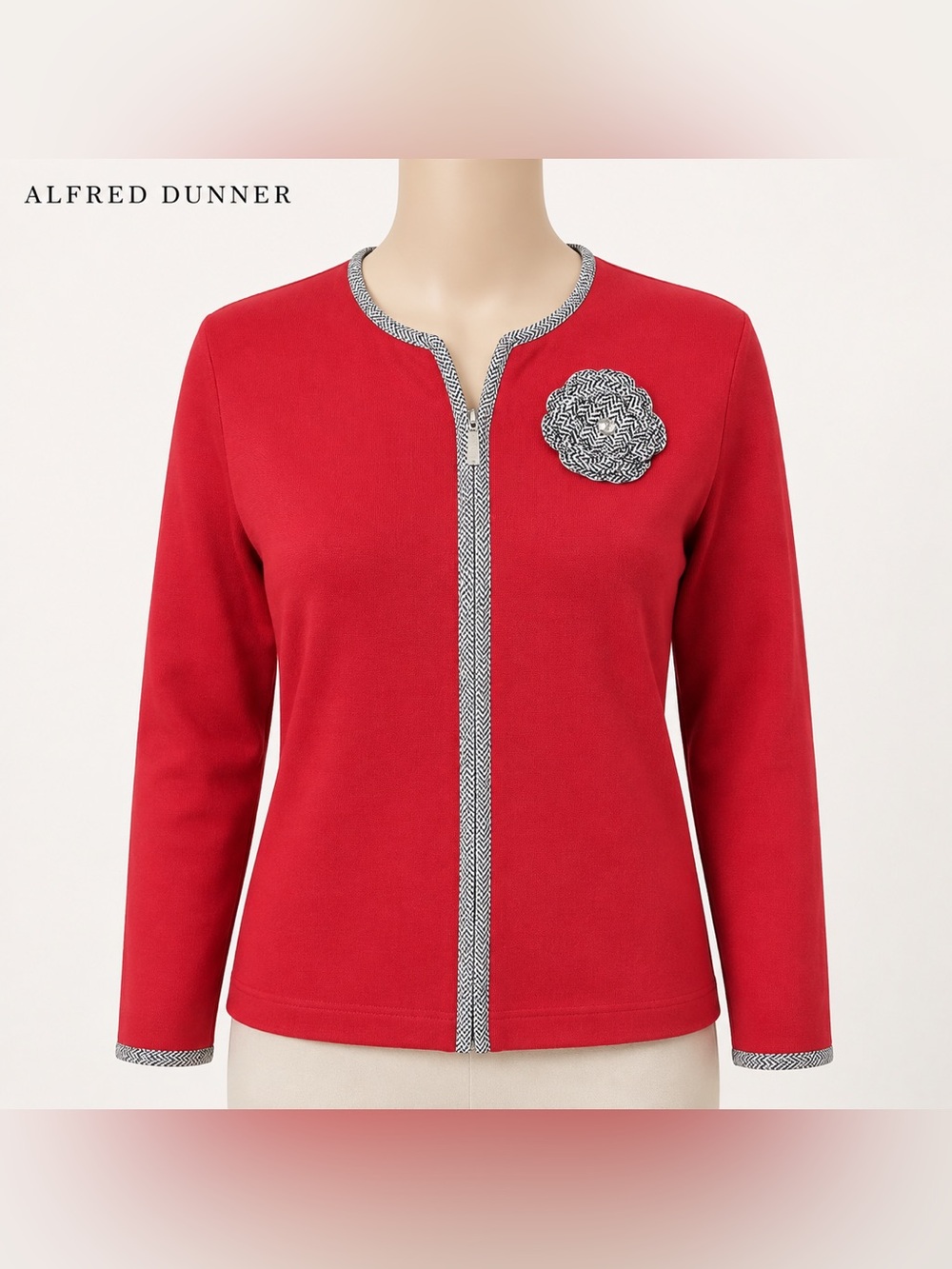 Alfred Dunner Red Zip Front Cardigan Herringbone Trim Flower Jacket